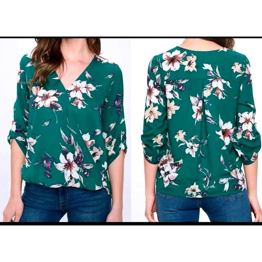 West Kei ~ Alexa Surplice V-Neck Rolltab Blouse ~ Green Floral Print~ Size Large